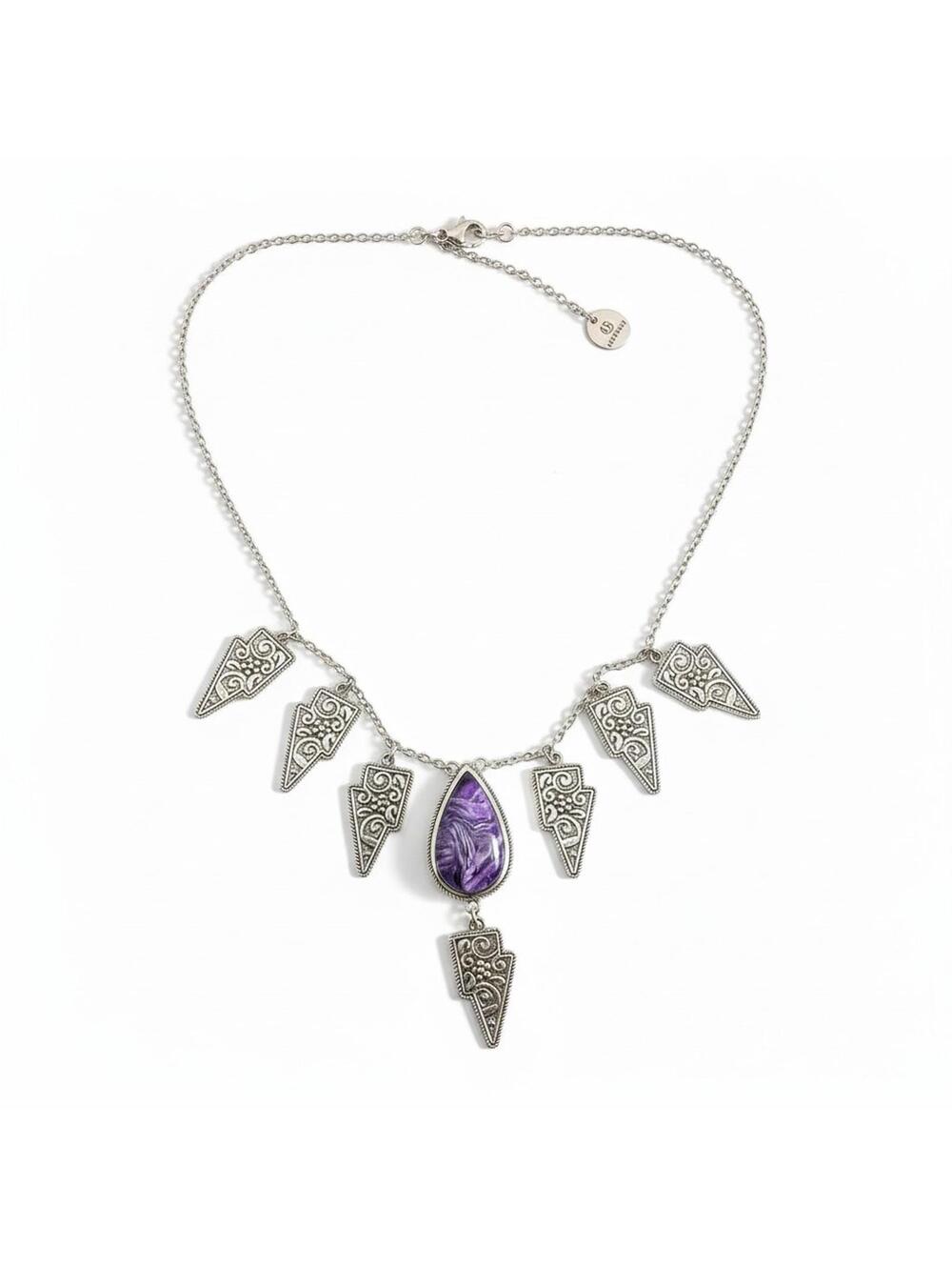 Genuine Charoite Teardrop Solid Sterling Silver 925 Thunderbolt necklace